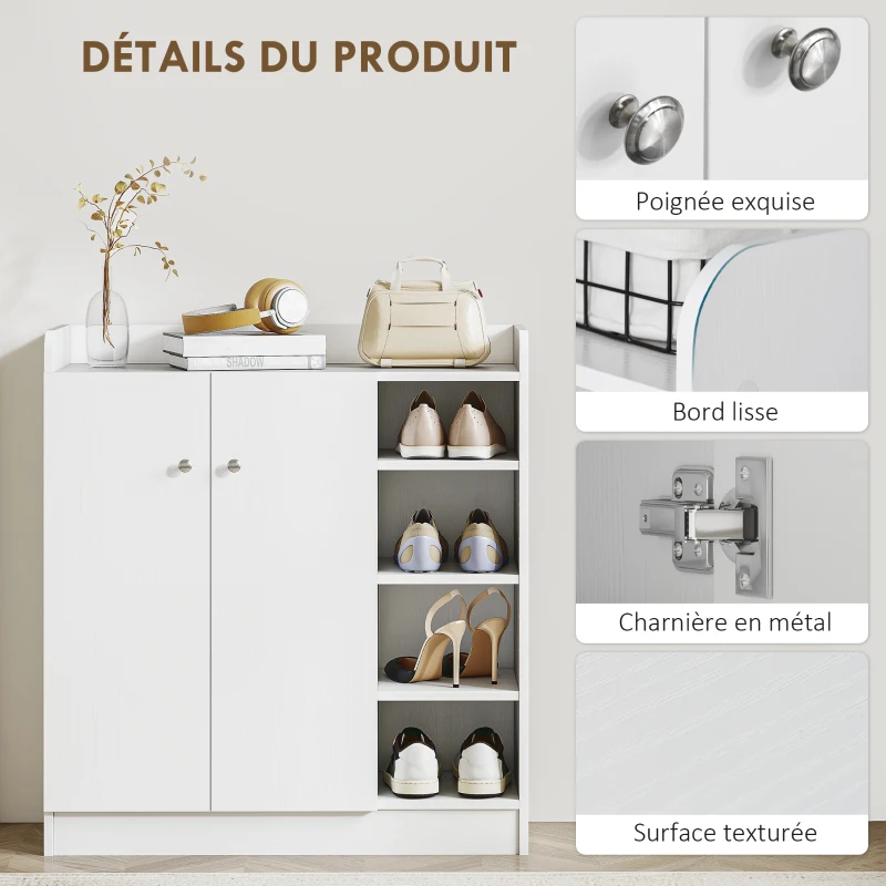 HOMCOM Meuble de rangement à chaussures pour entrée 12 paires - armoire à chaussures avec 4 compartiments ouverts et placard double porte - étagère réglable - 83L x 30l x 90H cm - blanc