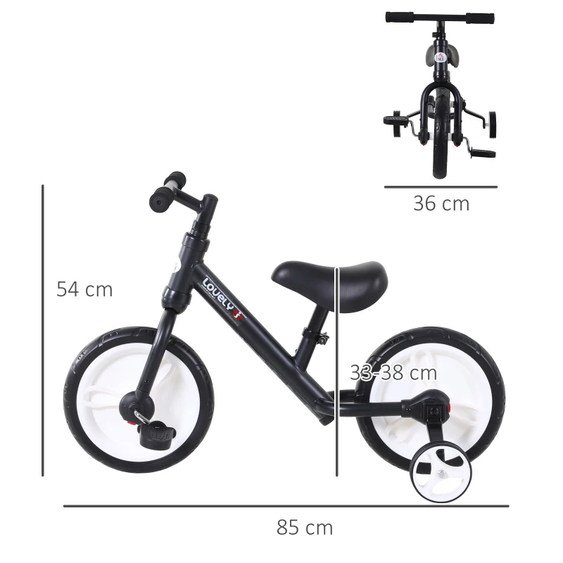 HOMCOM Bici Senza Pedali per Bambini da 2-5 Anni con Sellino Regolabile, Ruote Ausiliarie e Pedali, Nero
