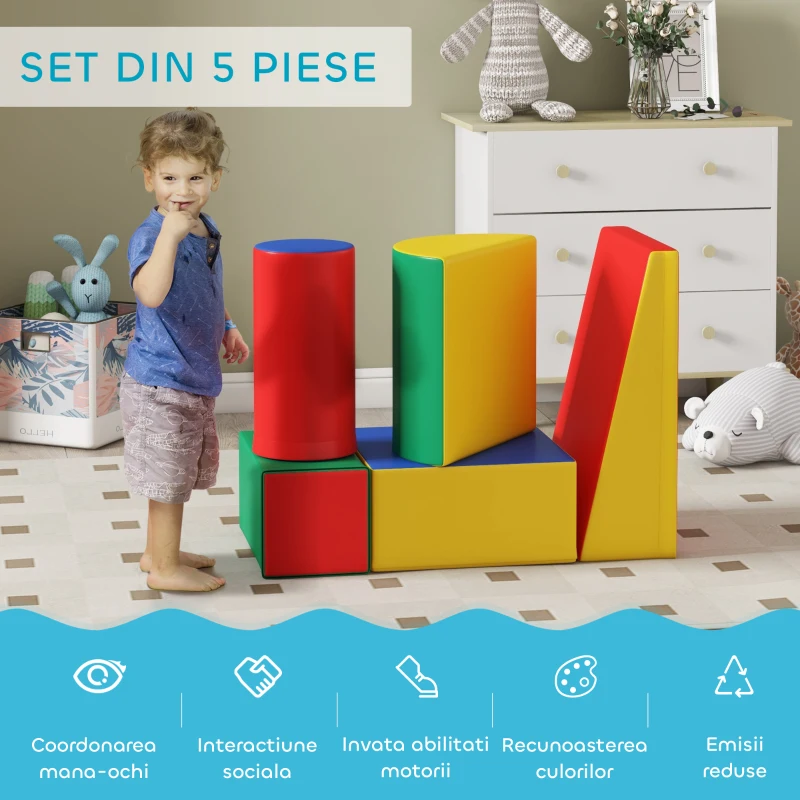 HOMCOM Set Construcții Moi pentru Copii 1-3 Ani cu 5 Blocuri, Multicolor