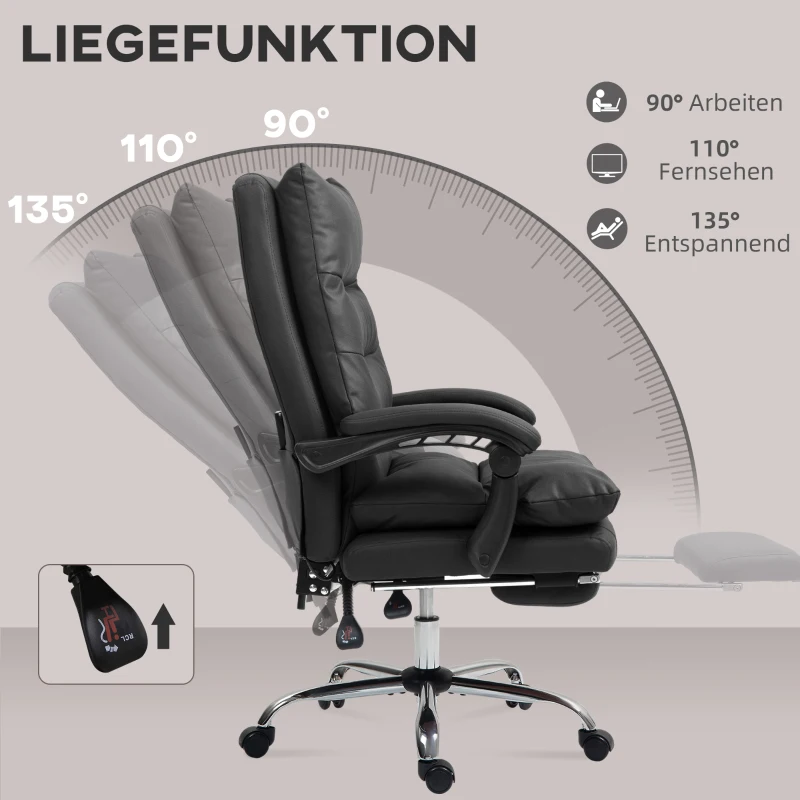 Vinsetto Massage Bureaustoel met Verwarming, Verstelbaar en Kantelbaar, Kunstleer, 65x72x109-117cm, Zwart(m-6)
