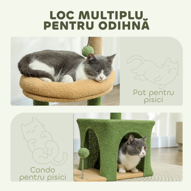 PawHut Ansamblu de Joacă pentru Pisici cu Căsuță, 2 Jucării cu Bilă și Pat Verde și Maro