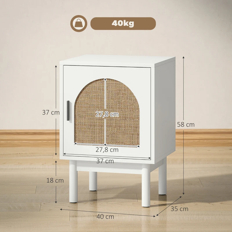 HOMCOM Mesilla de Noche con Puerta de Ratán Estante Ajustable y Patas de Madera Estilo Bohemio 40x35x58 cm Blanco