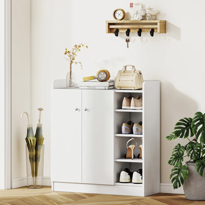 HOMCOM Meuble de rangement à chaussures pour entrée 12 paires - armoire à chaussures avec 4 compartiments ouverts et placard double porte - étagère réglable - 83L x 30l x 90H cm - blanc