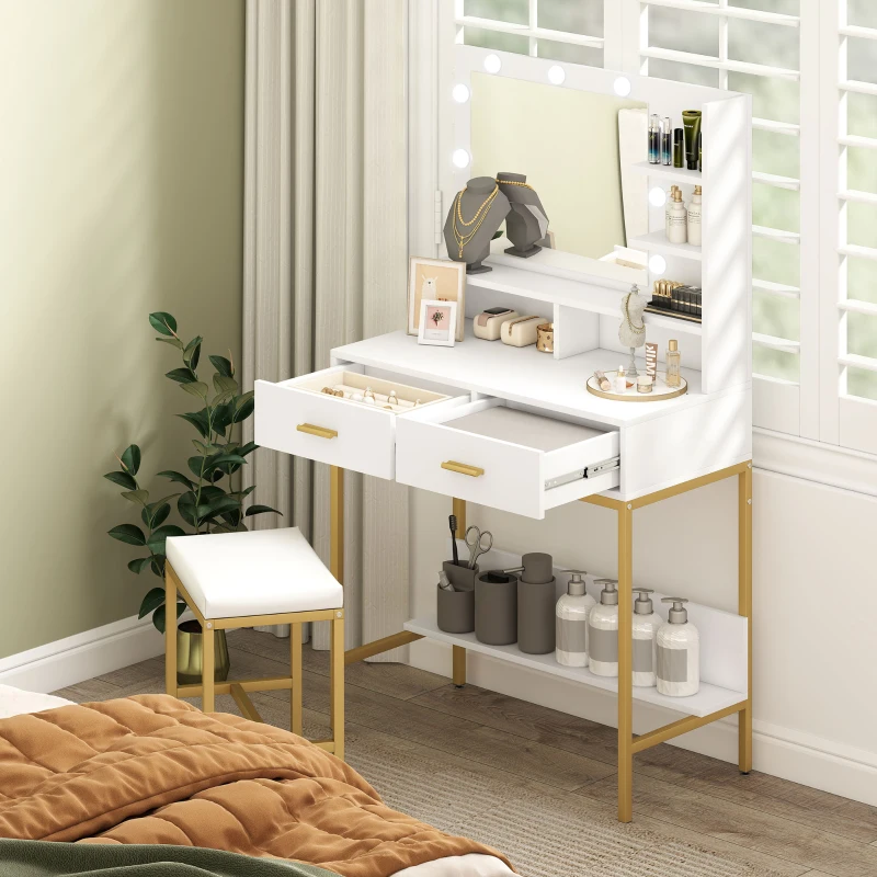 HOMCOM Toucador de Maquilhagem com Luz e Banco Mesa de Maquilhagem com 2 Gavetas e Prateleiras Estilo Moderno para Quarto Branco