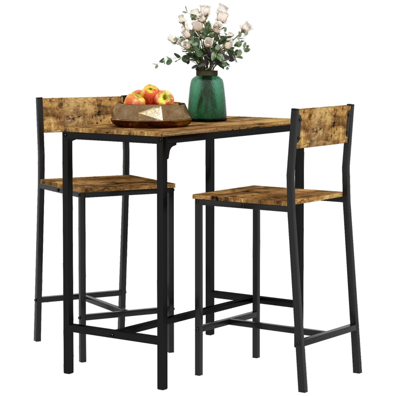 HOMCOM 3-teiliges Bar-Set, Stehtisch, 2 Stühle, MDF, Metallrahmen, wasserfest, Braun