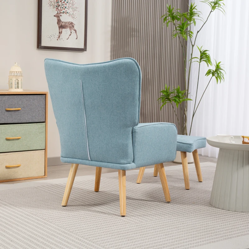 HOMCOM Fauteuil avec Repose-pieds Fauteuil Lecture avec Dossier Haut Capitoné Pieds en Bois et Revêtement en Lin Bleu Clair
