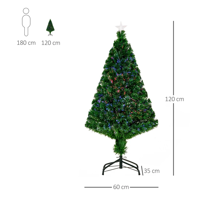 HOMCOM Sapin de Noël Artificiel Lumineux 120H cm Fibre Optique Multicolore + Support Pied 130 Branches étoile Sommet Brillante Vert