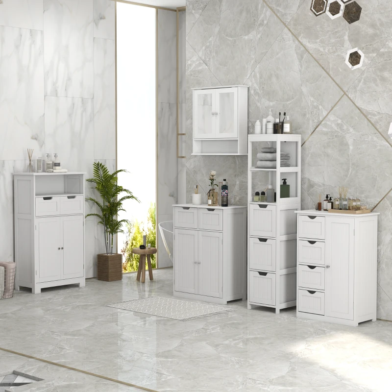 kleankin Meuble de salle de bain, meuble de rangement avec 2 tiroirs, niche, placard avec porte, étagère réglable, armoire de salle de bain, cuisine, salon, 60 x 30 x 109 cm, blanc