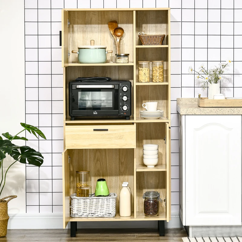 HOMCOM Buffet de cuisine armoire de cuisine multi-rangements avec un tiroir, 3 placards, 4 niches et passe-câbles hauteur 166 cm(m-8)