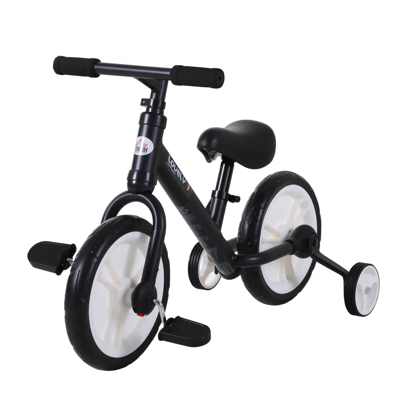 HOMCOM Bici Senza Pedali per Bambini da 2-5 Anni con Sellino Regolabile, Ruote Ausiliarie e Pedali, Nero