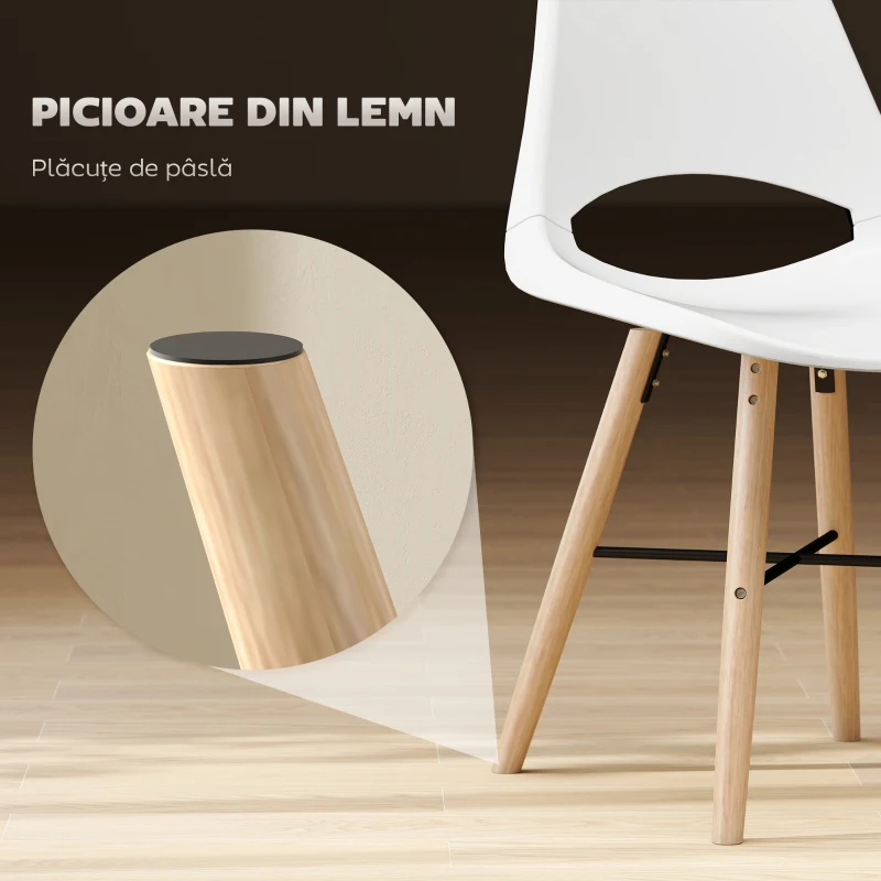 HOMCOM Set 2 Scaune de Bucătărie din Plastic și Lemn în Stil Nordic Alb