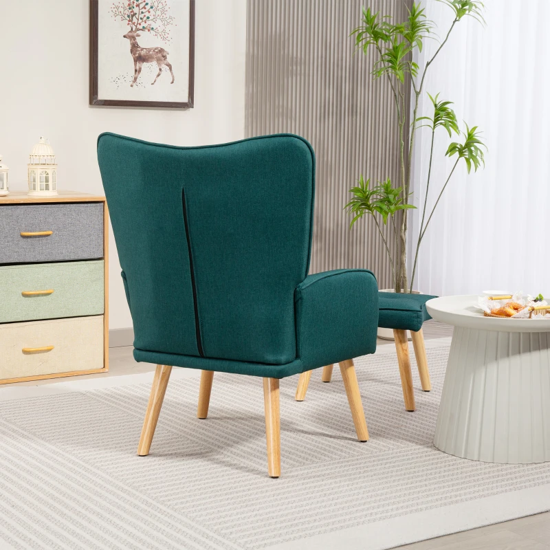 HOMCOM Sillón con Reposapiés Sillón Lectura con Respaldo Alto Capitoné Patas de Madera y Tapizado en Lino Verde Oscuro