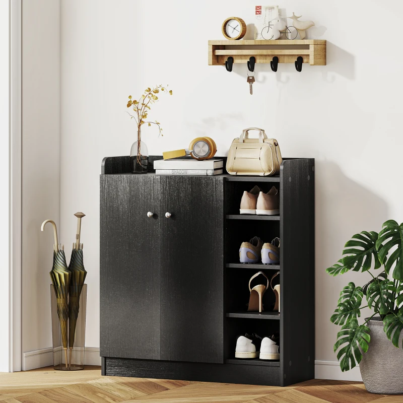 HOMCOM Armadio Scarpiera Salvaspazio Regolabile, Scarpiera Moderna in Legno per 12 Paia di Scarpe con 4 Ripiani Aperti, 83x30x90 cm, Nero