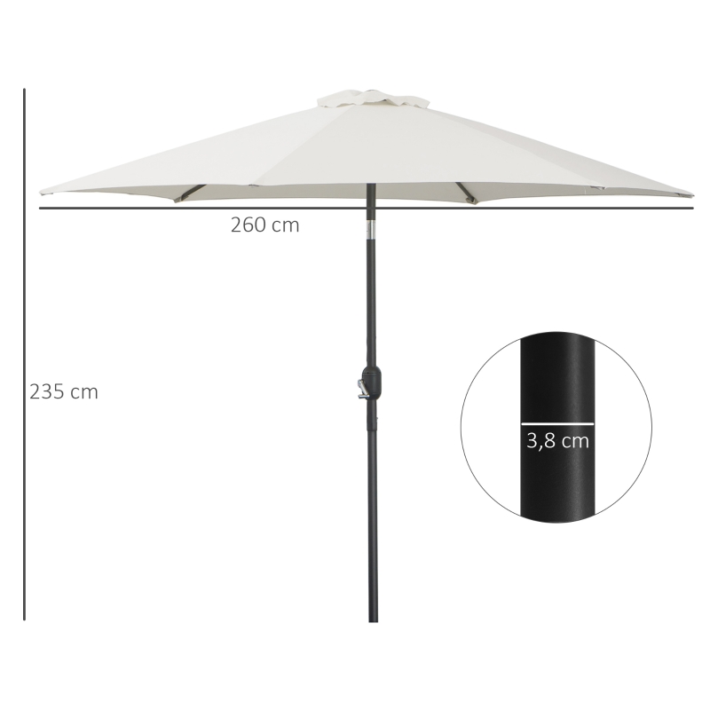 Outsunny Sombrilla para Jardín de Aluminio Ø260x235 cm Parasol de Jardín Reclinable con Manivela y 6 Varillas de Metal para Terraza Exterior Balcón Crema