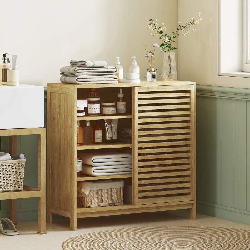 HOMCOM Armadio da Bagno in Bambù con 2 Porte Scorrevoli, Design a Listelli, 4 Ripiani, Mobiletto Portaoggetti, 80x34x80 cm, Naturale