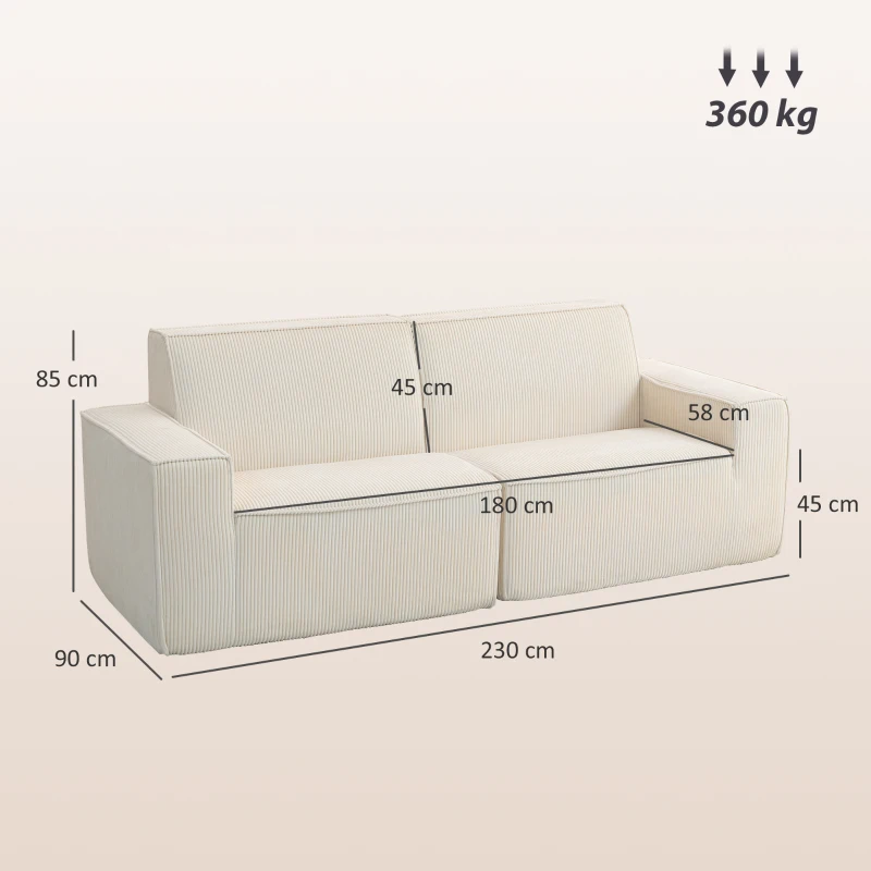 HOMCOM Canapé 3 places en velours côtelé 230 cm, canapé moderne, pas de montage nécessaire, beige