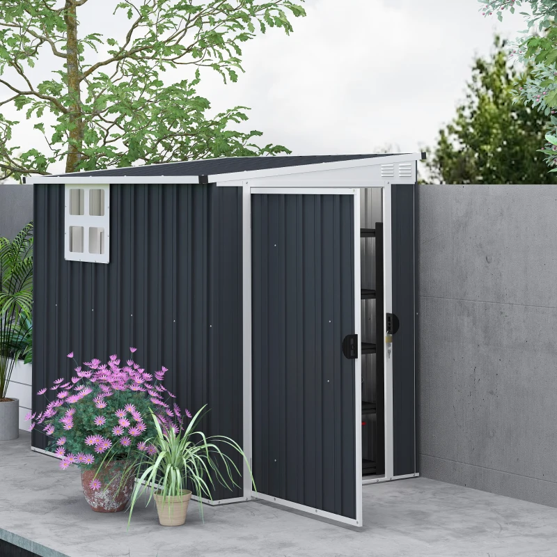 Outsunny Tuinopslagschuur, Gereedschapsschuur voor Tuingereedschap, met Venster, Ventilatieopeningen, Afsluitbaar, Staal, Donkergrijs(m-10)