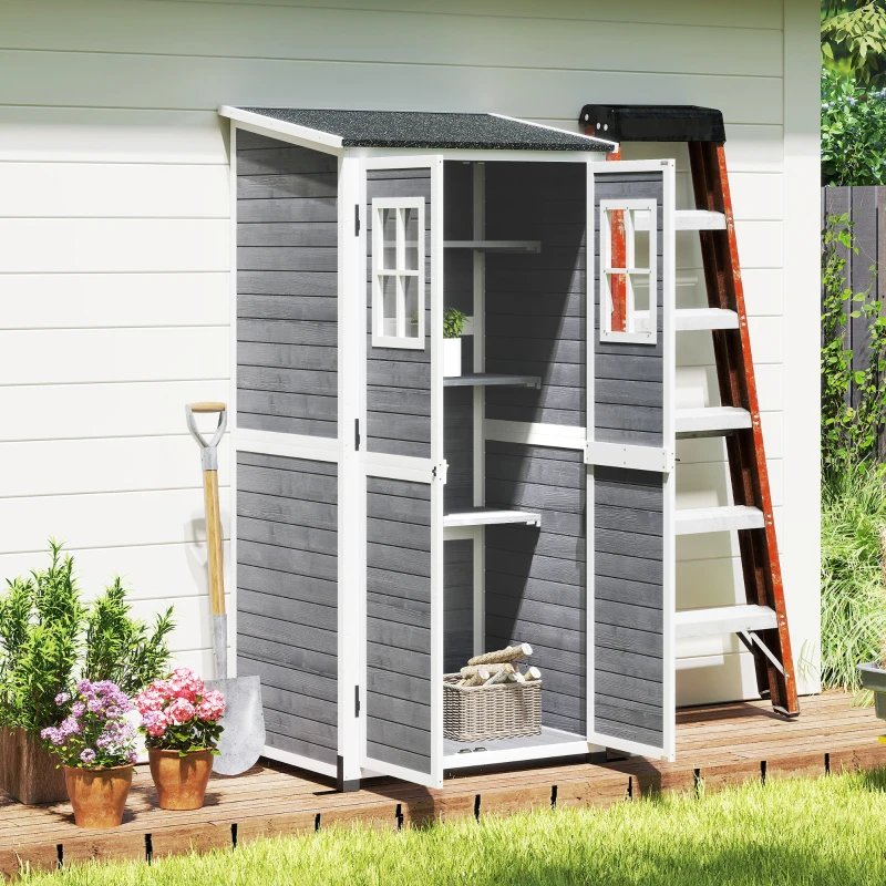 Outsunny Tuinopslagschuur, Gereedschapsschuur met 2 Ramen, Grondpalen, Asfaltdak, 91 x 69 x 192 cm, Vurenhout, Lichtgrijs(m-11)