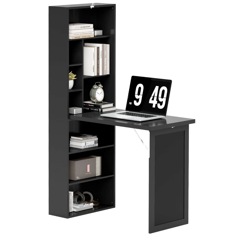 HOMCOM Moderner klappbarer Schreibtisch mit Regal und Tafel, aus Holz und Metall, 98x51x153 cm, Schwarz