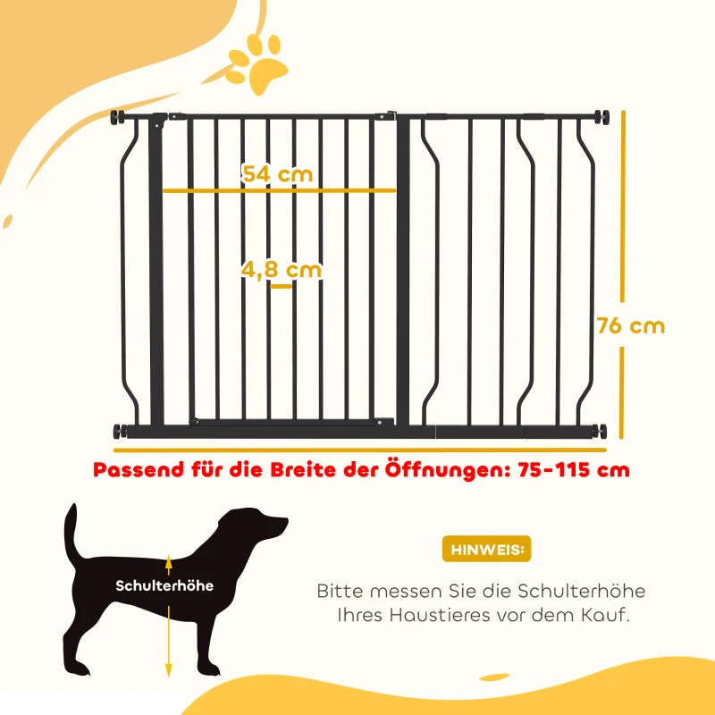 PawHut Hunde-Absperrgitter, Klemmmontage, verstellbare Länge, Stahl/ABS, 75-115 x 76cm, Schwarz