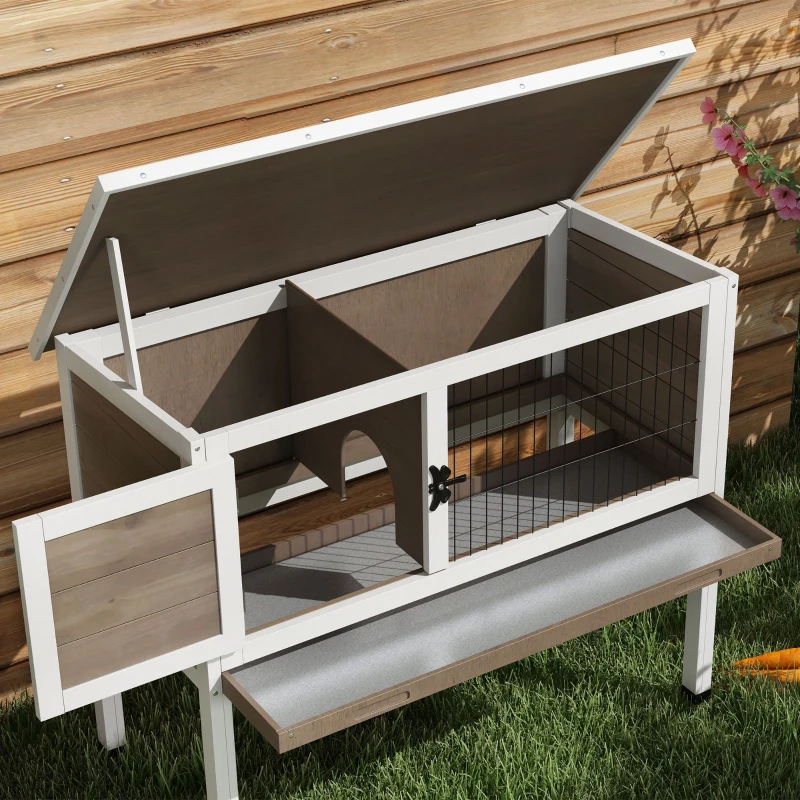 PawHut Wooden Guinea Pig Hutch, Small Animal Cage with Slide-out Tray, Openable Asphalt Roof, 84 x 43 x 70cm, Brown