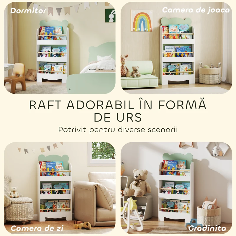 AIYAPLAY Bibliotecă Copii 3 Rafturi în Formă de Ursuleț 55x15x110 cm, Verde