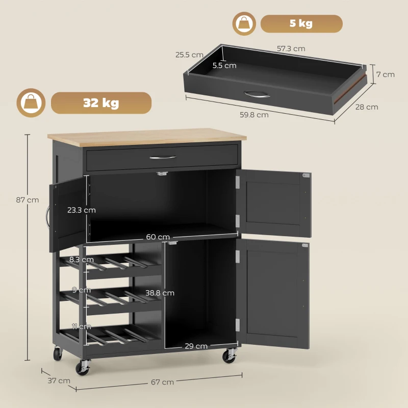 HOMCOM Carrello da Cucina in Legno con Portabottiglie, 3 Ante e Cassetto, 67x37x87 cm, Nero e Rovere