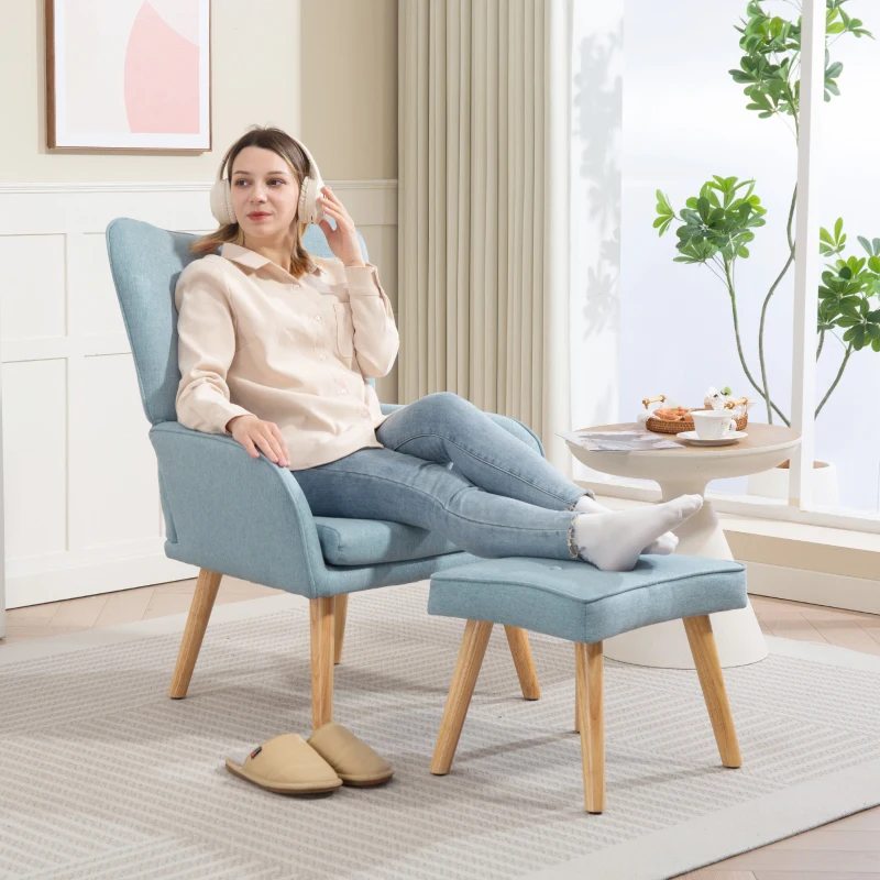 HOMCOM Fauteuil avec Repose-pieds Fauteuil Lecture avec Dossier Haut Capitoné Pieds en Bois et Revêtement en Lin Bleu Clair