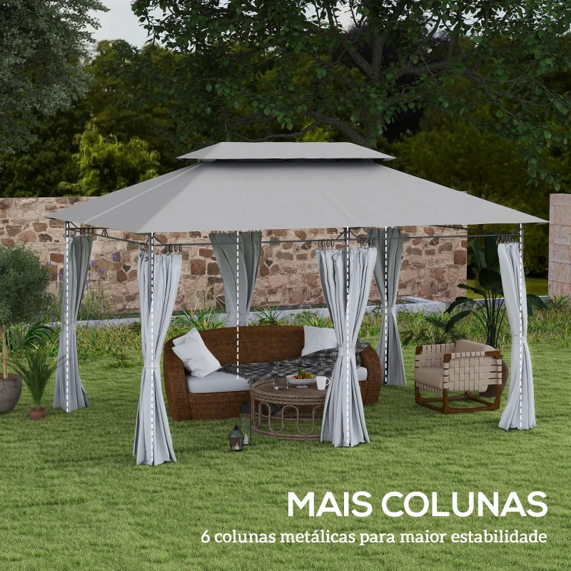 Outsunny Pérgola de Jardim 397x297x265 cm Pérgola de Exterior com Teto Duplo Paredes Laterais Resistente a Água Cinza Escuro