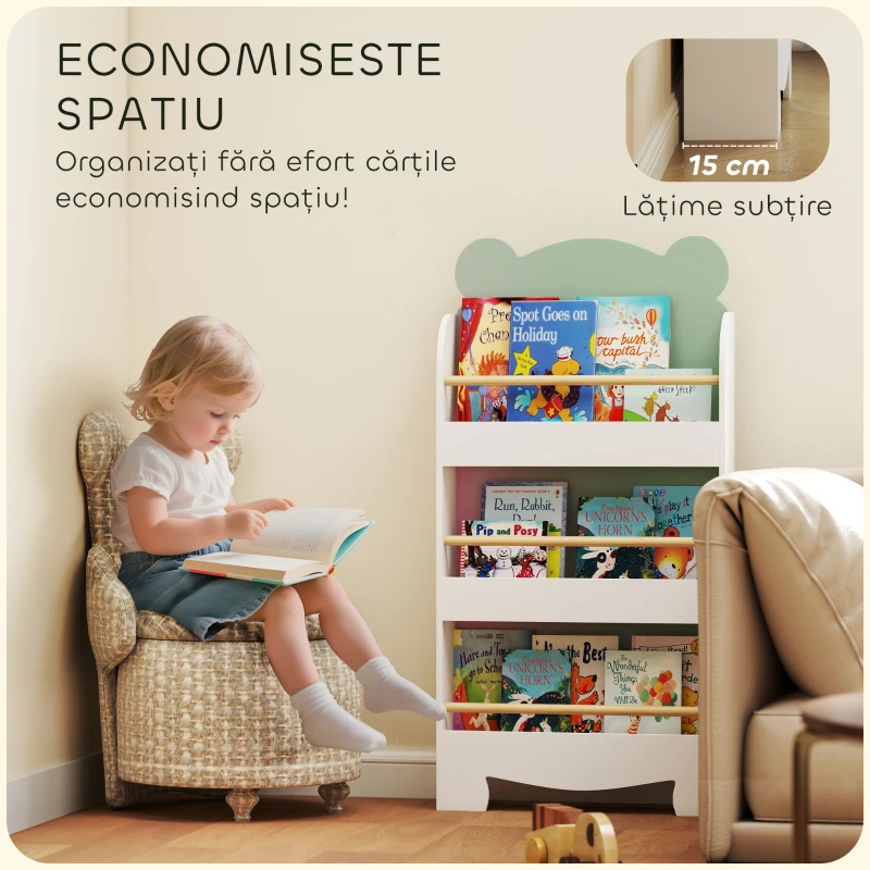 AIYAPLAY Bibliotecă Copii 3 Rafturi în Formă de Ursuleț 55x15x110 cm, Verde