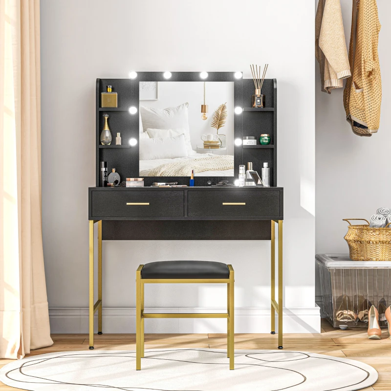 HOMCOM Dressing Table Set, with Storage and Stool - Black