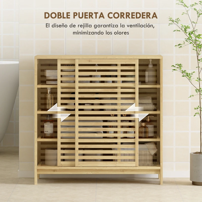 HOMCOM Armario de Baño de Bambú con 2 Puertas Correderas Diseño de Lamas 4 Estantes Mueble Auxiliar de Baño 80x34x80 cm Natural