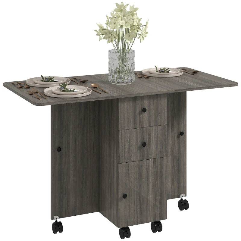 HOMCOM Tavolo a Ribalta a 6 Rotelle con 2 Cassetti e Armadietto ad Ante, in Legno, 120x60x76.5 cm, Grigio