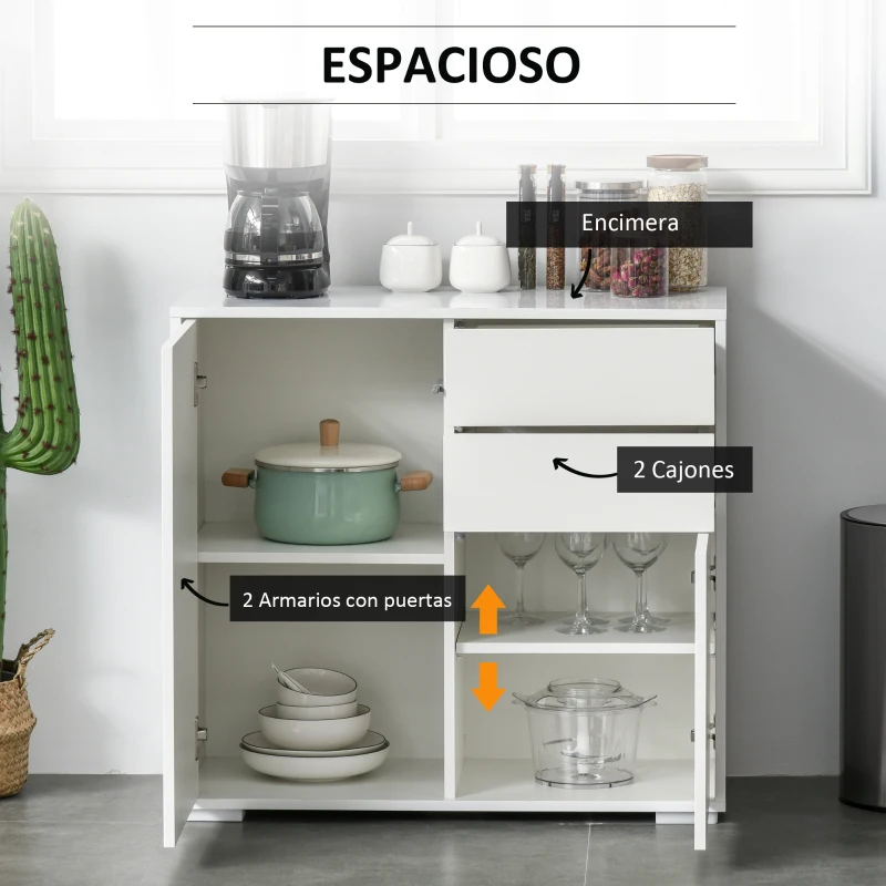 HOMCOM Aparador para Cocina con 2 Puertas 2 Cajones Marco de Blanco Brillante Estante Ajustable Apertura a Presión Armario de Almacenamiento para Dormitorio Salón 79x36x74 cm Blanco