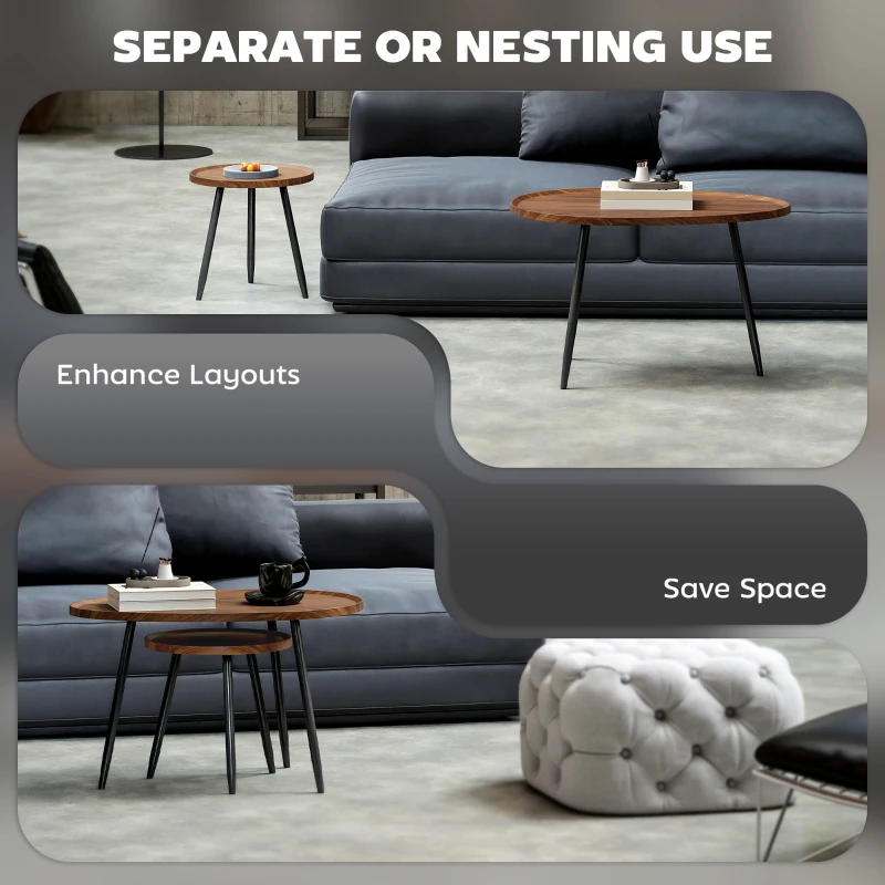 HOMCOM Nesting Coffee Table Set of 2, 80cm Modern Stacking End Side Table with Metal Legs for Living Room Bedroom Office, Chestnut Wood Effect