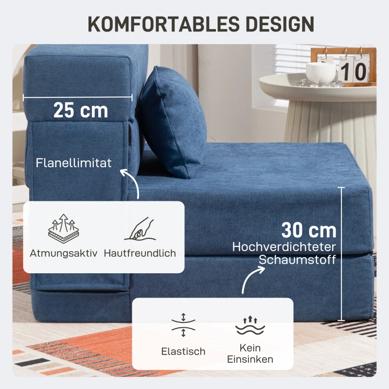 HOMCOM Bodensofa, Polstercouch, in Matratze umwandelbar, Schaumstoff, Kissen, Dunkelblau(m-5)