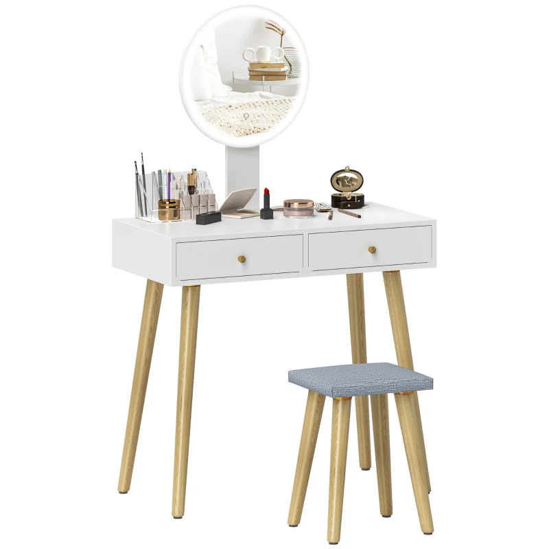 HOMCOM Coiffeuse avec miroir LED à luminosité et 3 couleurs réglable, tabouret rembourré, 2 tiroirs et organisateur, blanc