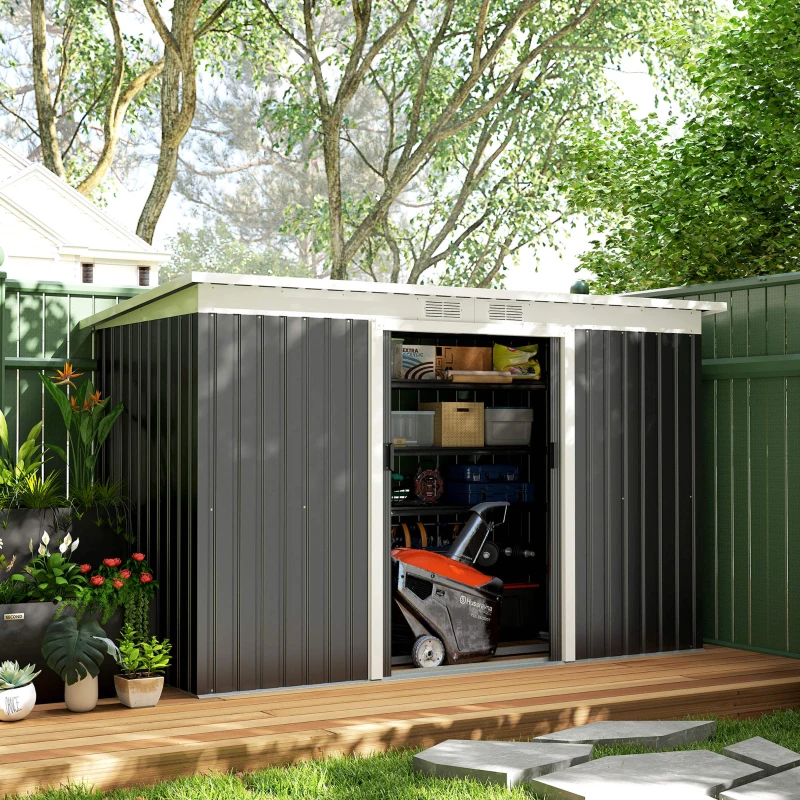 Outsunny Abri de Jardin 3,6 m² Remise à Outils avec kit de fondation en Acier galvanisé avec Portes coulissantes, dim. 280L x 130l x 172H cm, Gris-Noir(m-9)