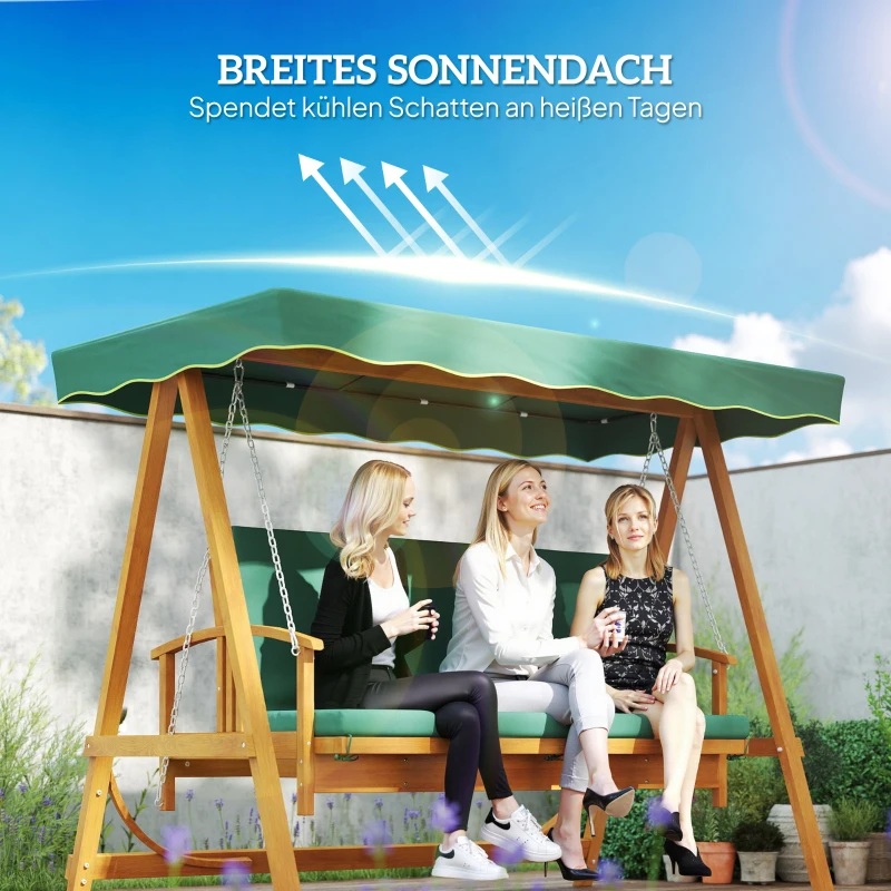 Outsunny Hollywoodschaukel mit Sonnendach, Echtholz-Gartenschaukel, Schaukelbank mit Liege-Funktion, für 3 Personen, Dunkelgrün(m-5)
