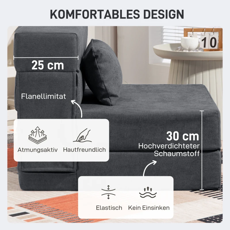 HOMCOM Bodensofa, Polstercouch, in Matratze umwandelbar, Schaumstoff, Kissen, Dunkelgrau(m-5)