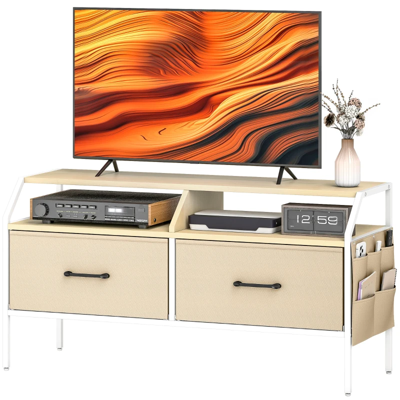 HOMCOM TV Stand Cabinet, TV Unit for 55-inch TVs with 2 Foldable Fabric Drawers, 5 Divided Side Pockets, Open Shelves, Console Table for Living Room, Bedroom, Entertainment Room, Natural Wood Finish