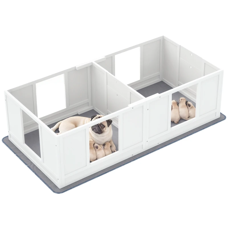 PawHut Two Room Design, Whelping Box for Dogs with Whelping Pad, Clear Panels, Adjustable Entrance, for Small Dogs, 164 x 80cm