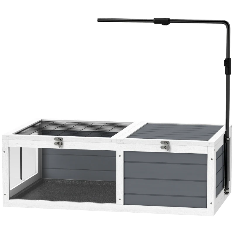 PawHut Tortoise Table with Adjustable Lamp Holder, Wooden Tortoise House w/ Openable Lids, Pull-Out Trays - Grey