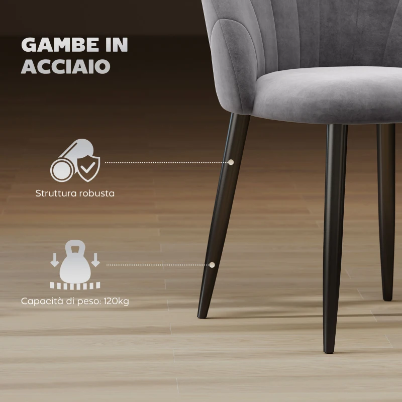 HOMCOM Set da 2 Sedie da Pranzo in Velluto Imbottite con Schienale a Conchiglia e Gambe in Metallo, Grigio