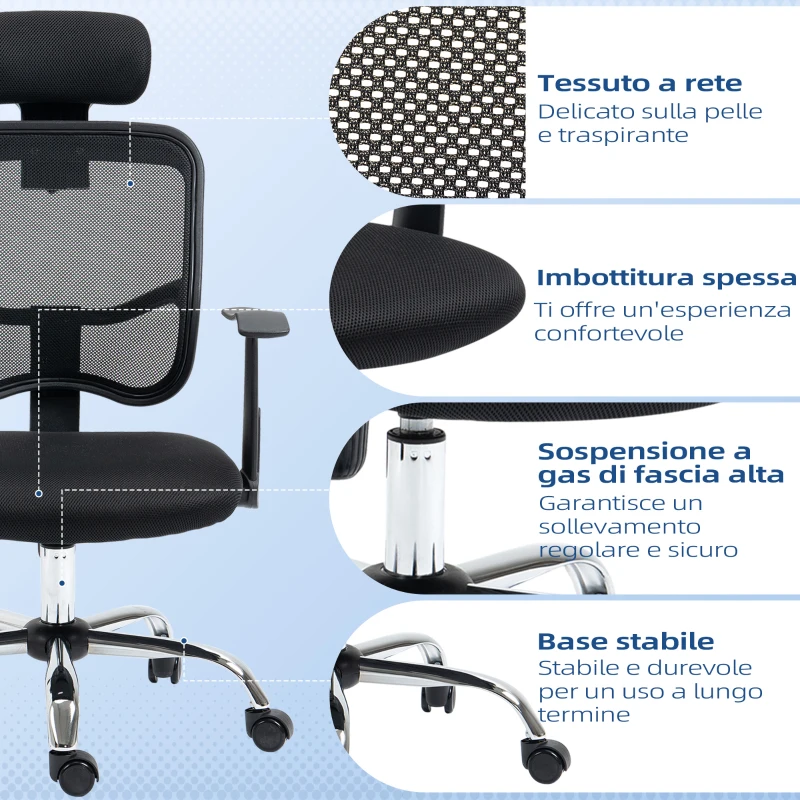 Vinsetto Sedia da Ufficio Ergonomica con Seduta Regolabile e Poggiatesta, in Poliestere e Acciaio, 63x62x106-114 cm, Nero