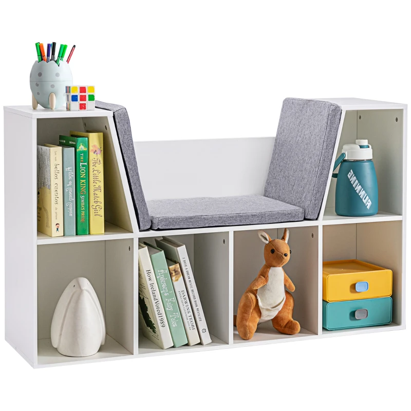 HOMCOM Estantería Infantil 2 en 1 Librería + Banco con Cojín 103x30x62 cm Blanco + Gris