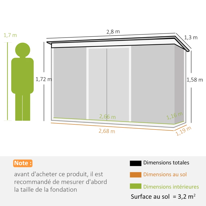 Outsunny Abri de Jardin 3,6 m² Remise à Outils avec kit de fondation en Acier galvanisé avec Portes coulissantes, dim. 280L x 130l x 172H cm, Gris-Noir(m-3)