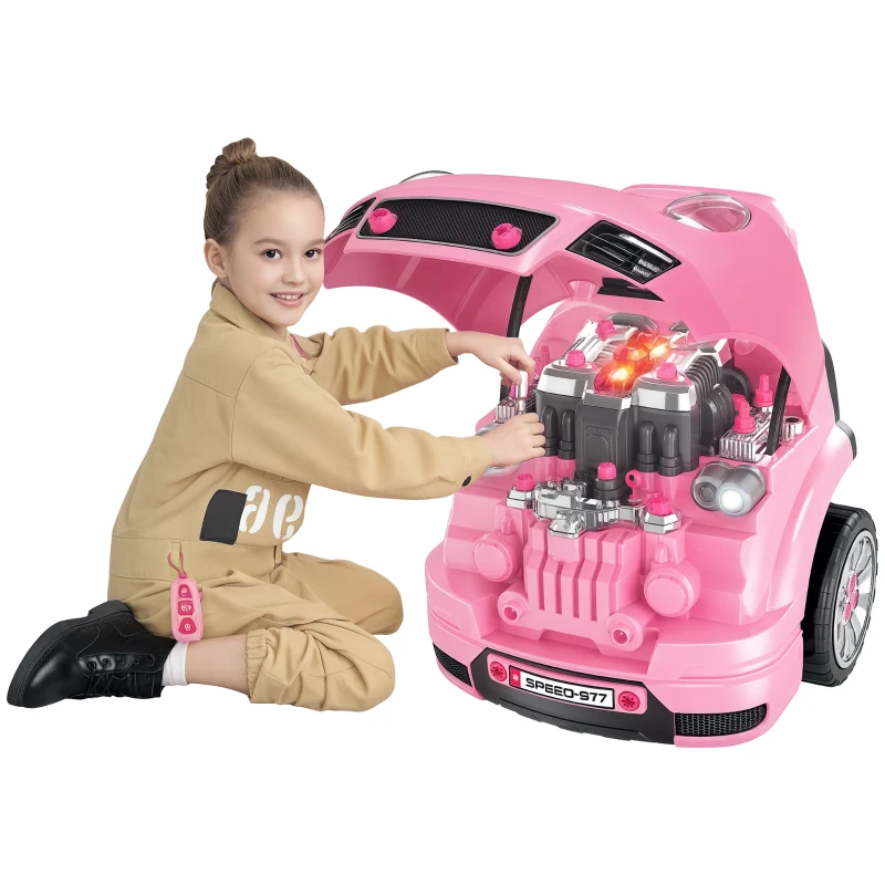 HOMCOM Juego Infantil de Motor con Herramientas 61 Piezas Volante Bocina Faros Caja de Almacenaje y Ruedas 40x39x47 cm Rosa