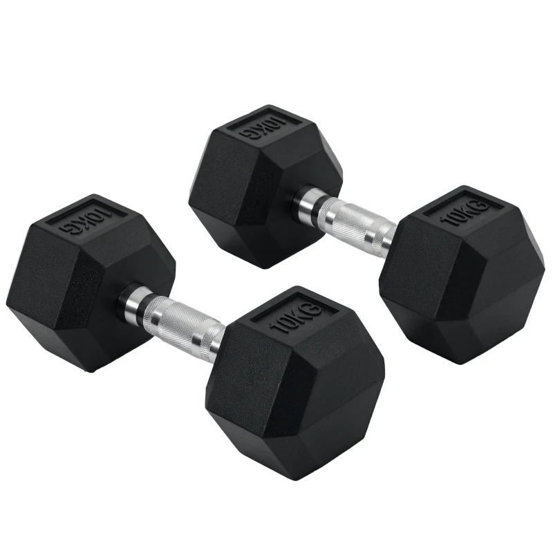 HOMCOM Juego de Mancuernas 2x10 kg con Barra de Conexión de Metal Cabeza Hexagonal para Entrenamiento en Casa Negro y Plata