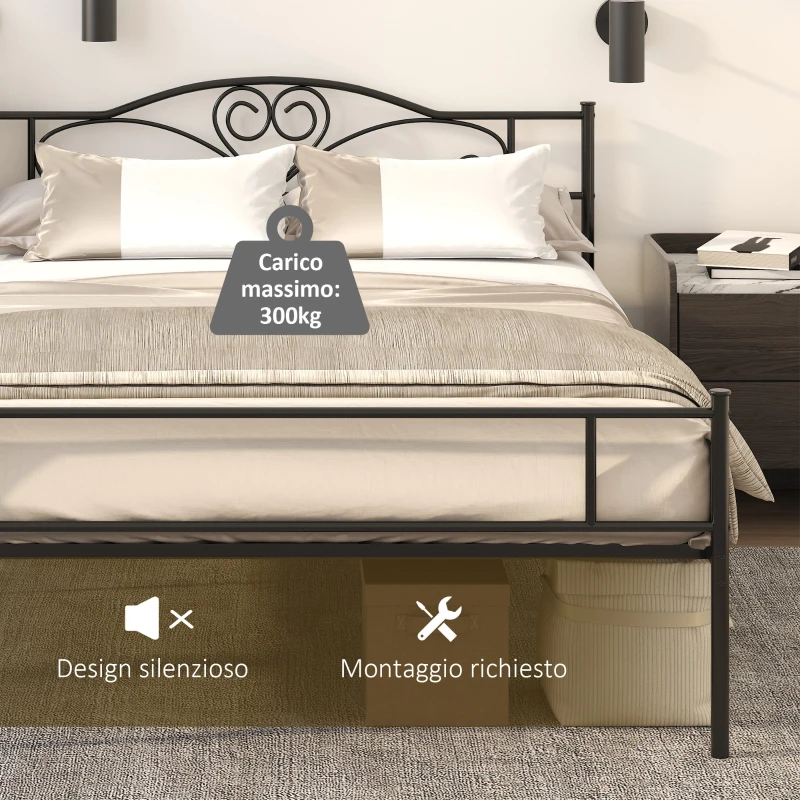 HOMCOM Struttura Letto Una Piazza e Mezza in Acciaio con Doghe Integrate, Testiera e Pediera, 140x200cm